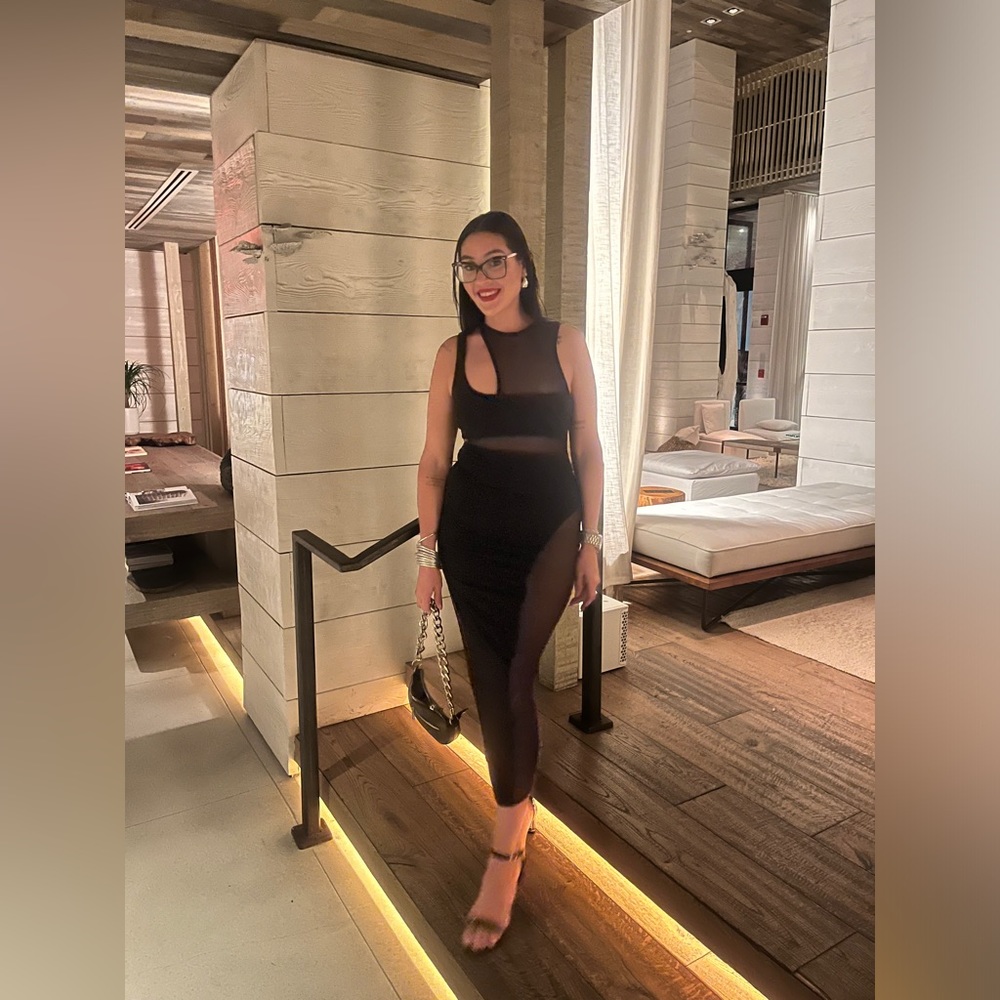 PrettyLittleThing “Black Slinky Mesh Insert Racer Midaxi Dress”